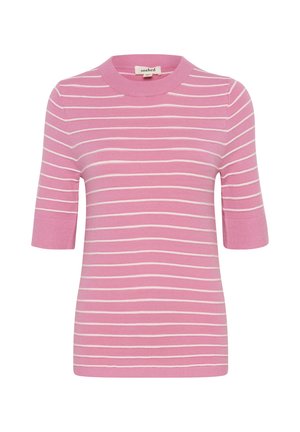 Pink striped short-sleeve top made from a soft material, featuring white horizontal stripes and a ribbed crew neck.