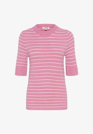 Pink striped short-sleeve top made from a soft material, featuring white horizontal stripes and a ribbed crew neck.