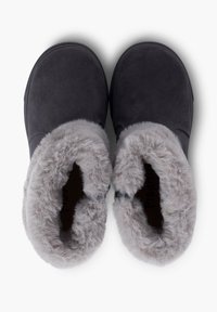 Zapatillas de ante gris con forro de piel sintética gris, forma redondeada y diseño de parte superior abierta, que muestran una textura suave y esponjosa.