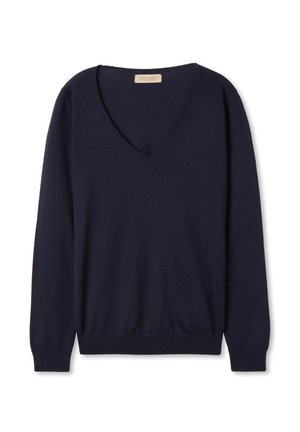 Maglione lavorato a maglia blu navy con scollo a V profondo, maniche lunghe e bordi e polsini a costine. Tessuto morbido, design leggero, dettagli minimi.