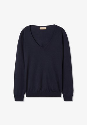 Maglione lavorato a maglia blu navy con scollo a V profondo, maniche lunghe e bordi e polsini a costine. Tessuto morbido, design leggero, dettagli minimi.
