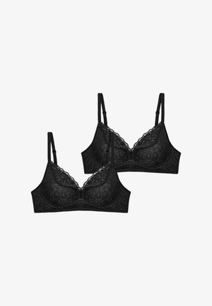 Black lace bralettes with floral patterns, soft cups, and adjustable straps. Features scalloped edges and hook-and-eye closures.