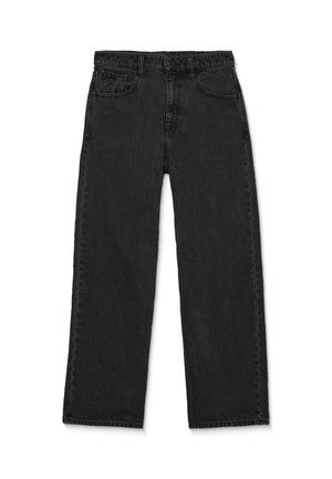 Jean noir droit avec cinq poches, passants de ceinture et fermeture avant avec bouton et fermeture éclair.
