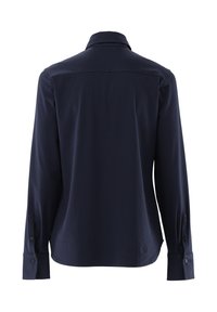 Navy long-sleeve shirt, made of smooth fabric, features a classic collar, buttoned cuffs, and a straight hem with no patterns or accents.