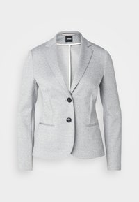 Svetlo sivi krojeni sako z ovratnikom s špicami, sprednjim delom na dve gumba in teksturirano tkanino. Ima črne gumbe in stranske žepke.