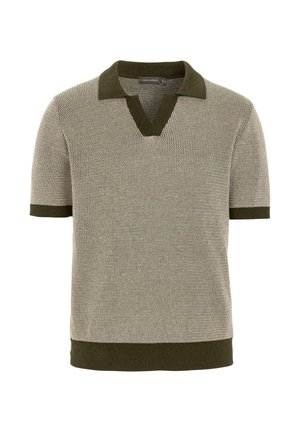 Polo en maille à manches courtes avec col, poignets et ourlet vert olive, présentant un motif texturé beige et marron.