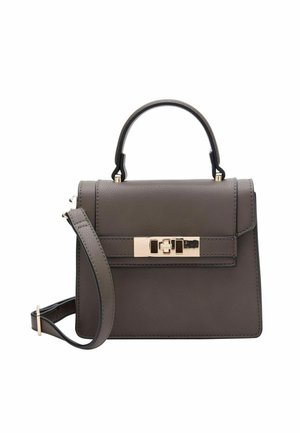 Borsa a tracolla in pelle grigia con una forma strutturata, dotata di manico superiore, tracolla regolabile e dettagli in metallo dorato.