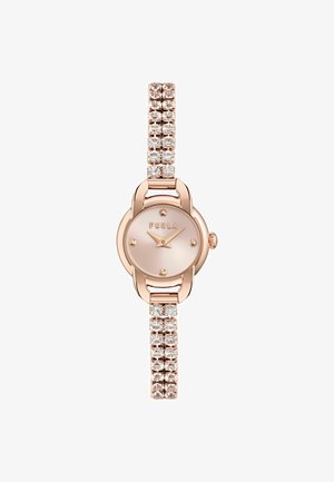 Roze gouden polshorloge met een ronde wijzerplaat, stenenband, minimalistisch ontwerp en een zachte roze wijzerplaat met gouden urenmarkeringen.