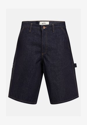 Sötétkék farmer rövidnadrág elöl gombbal, övhurkokkal, oldalzsebekkel és egy kis hurkos részlettel a jobb oldalon.