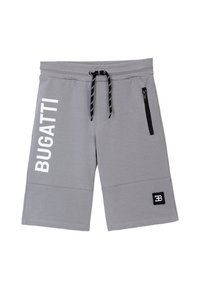 Pantaloni sportivi grigi con vita regolabile con cordino, tasca con zip laterale e testo "BUGATTI" bianco sulla gamba sinistra. Tessuto morbido, design al ginocchio.