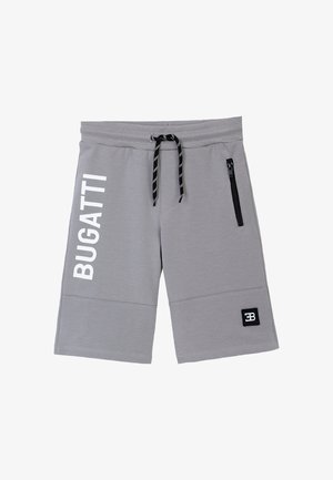 Pantaloni sportivi grigi con vita regolabile con cordino, tasca con zip laterale e testo "BUGATTI" bianco sulla gamba sinistra. Tessuto morbido, design al ginocchio.