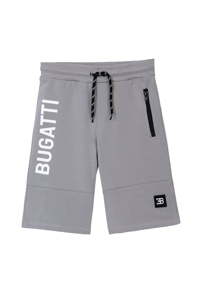 Pantaloni sportivi grigi con vita regolabile con cordino, tasca con zip laterale e testo "BUGATTI" bianco sulla gamba sinistra. Tessuto morbido, design al ginocchio.