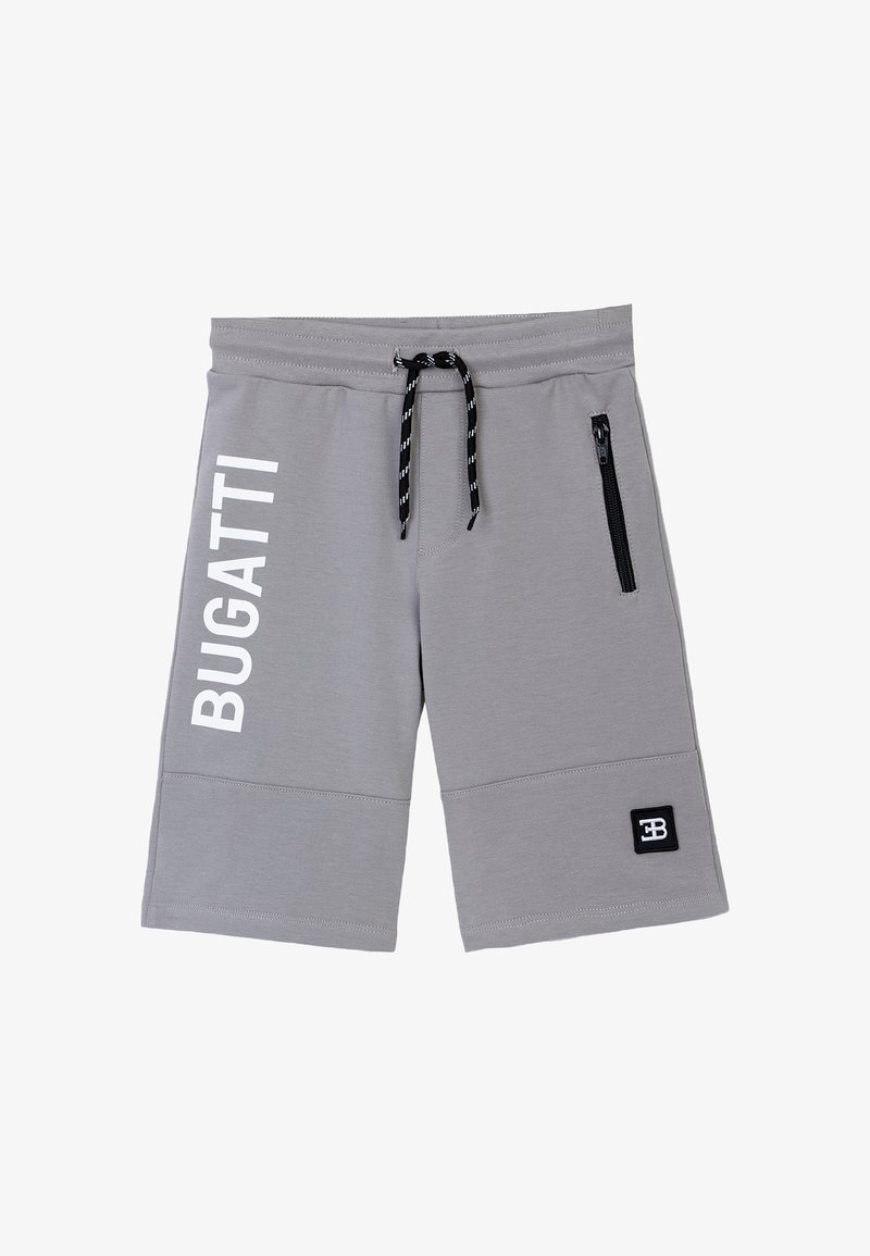 Pantaloni sportivi grigi con vita regolabile con cordino, tasca con zip laterale e testo "BUGATTI" bianco sulla gamba sinistra. Tessuto morbido, design al ginocchio.