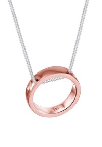Roze gouden hanger met een glad, circulair ontwerp bevestigd aan een zilveren ketting. Gemarkeerd met "925" wat duidt op het gehalte sterling zilver.