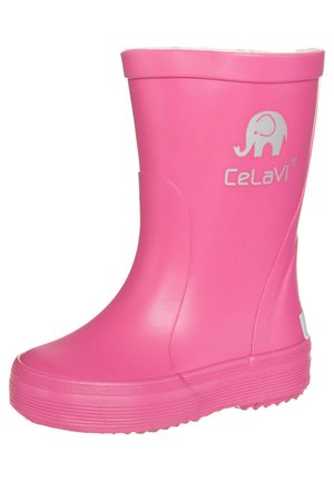 Bottillon de pluie en caoutchouc rose imperméable avec une surface lisse, logo blanc d'un éléphant, bout rond et semelle texturée pour traction.
