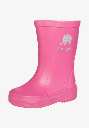 Stivale da pioggia in gomma impermeabile rosa con superficie liscia, logo bianco di un elefante, punta rotonda e suola testurizzata per una buona aderenza.