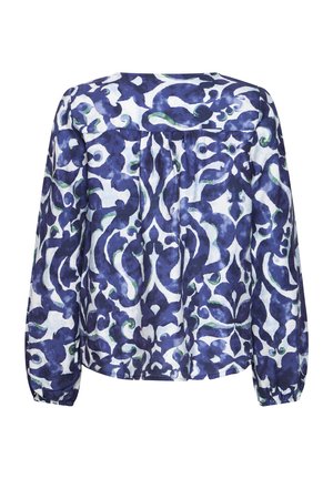 Garā piedurkņu blūze ar savilkto aizmuguri, ar zilu un baltu abstraktu ziedu rakstu un elastīgām aprocēm.