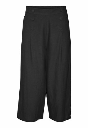 Pantalons culottes noirs avec une coupe évasée, dotés d'une taille haute, de quatre boutons décoratifs à l'avant et d'un tissu lisse et léger.