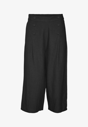 Pantalones culotte negros con un diseño de pierna ancha, que presentan una cintura alta, cuatro botones decorativos en la parte delantera y una tela suave y ligera.