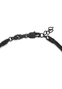 Black chain necklace featuring a woven texture, decorative links, and a clasp. The design includes intricate patterns and minimalist accents.