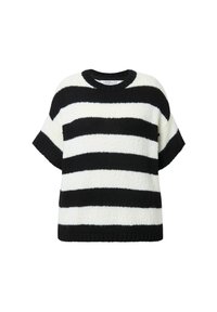 Sorte og hvide stribede sweater med korte ærmer, rund halsudskæring og ribbet kant. Strikket tekstur, tykt garn og afslappet pasform.