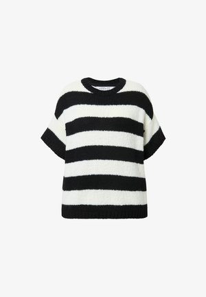 Musta-valkoinen raidallinen neulepaita lyhyillä hihoilla, pyöreällä kaula-aukolla ja ribatulla helmalla. Neulotun tekstuurin, paksun langan ja rento istuvuus.