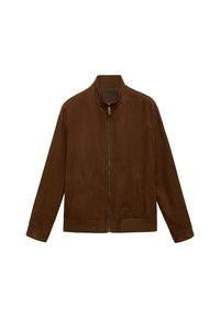 Chaqueta de ante marrón con un cuello alto, cremallera frontal y dos bolsillos laterales. Presenta un corte holgado y una textura suave.