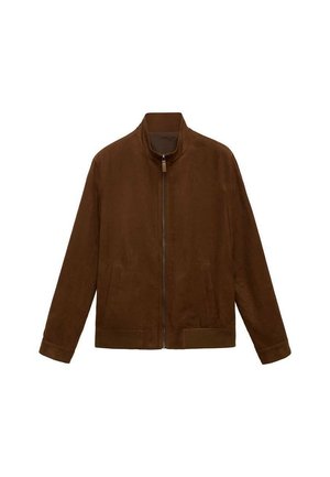 Braune Wildlederjacke mit hohem Kragen, Frontreißverschluss und zwei seitlichen Taschen. Hat eine lockere Passform und eine glatte Textur.