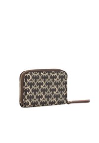 Portafoglio marrone con zip, caratterizzato da un motivo a logo intrecciato beige, tessuto testurizzato e dettagli in pelle. Forma rettangolare compatta.