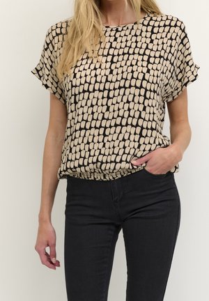 Kurzarmpullover in Beige und Schwarz, mit einem gemusterten Design aus vertikalen Linien; leichtes Material mit lockerer Passform.