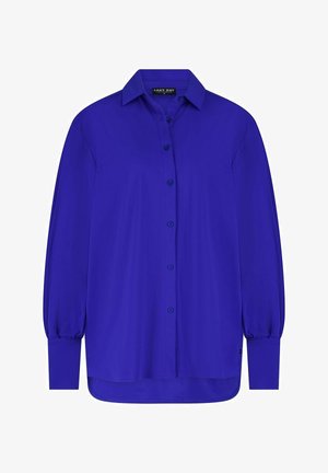 Koninginblauwe button-up shirt met een kraag, lange puffmouwen en een licht gebogen zoom. Gemaakt van gladde, lichte stof.