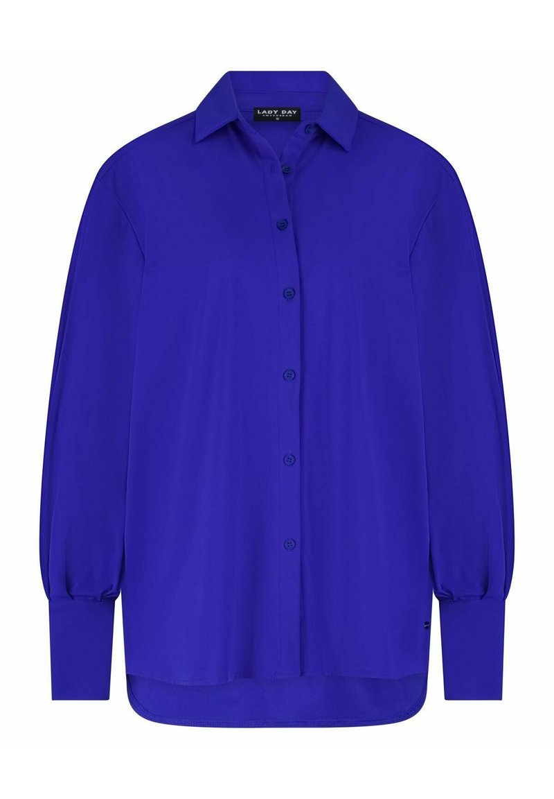 Koninginblauwe button-up shirt met een kraag, lange puffmouwen en een licht gebogen zoom. Gemaakt van gladde, lichte stof.