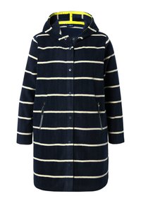 Cappotto a righe blu navy e crema, in tessuto morbido, con chiusura a bottoni, tasche laterali con cerniera, fodera interna gialla brillante, maniche lunghe.
