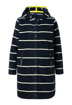 Marineblauwe en crèmekleurige gestreepte hoodie-jack, zachte stof, knoopsluiting aan de voorkant, zijzakken met ritsen, felgele binnenvoering, lange mouwen.