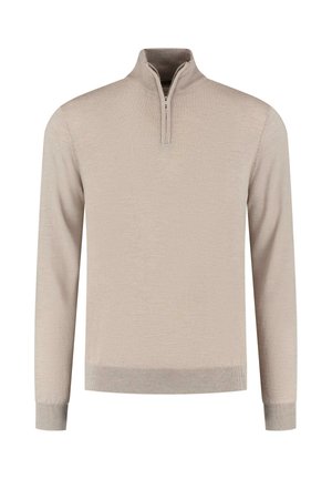 Beige pullover trui met een halve rits kraag, lange mouwen, geribde manchetten en zoom, met een gladde textuur en een minimalistisch ontwerp.