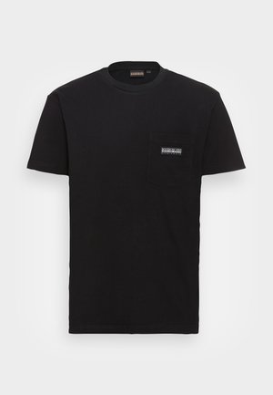 Black cotton t-shirt with crew neck, short sleeves, and left chest pocket featuring a logo patch. Smooth texture, classic fit.