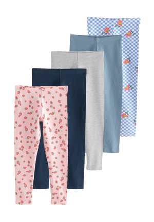 Öt pár leggings különböző színekben: rózsaszín virágmintás, tengerészkék, szürke, világoskék és kék kockás mintás. Puha anyag, testhezálló fazon.