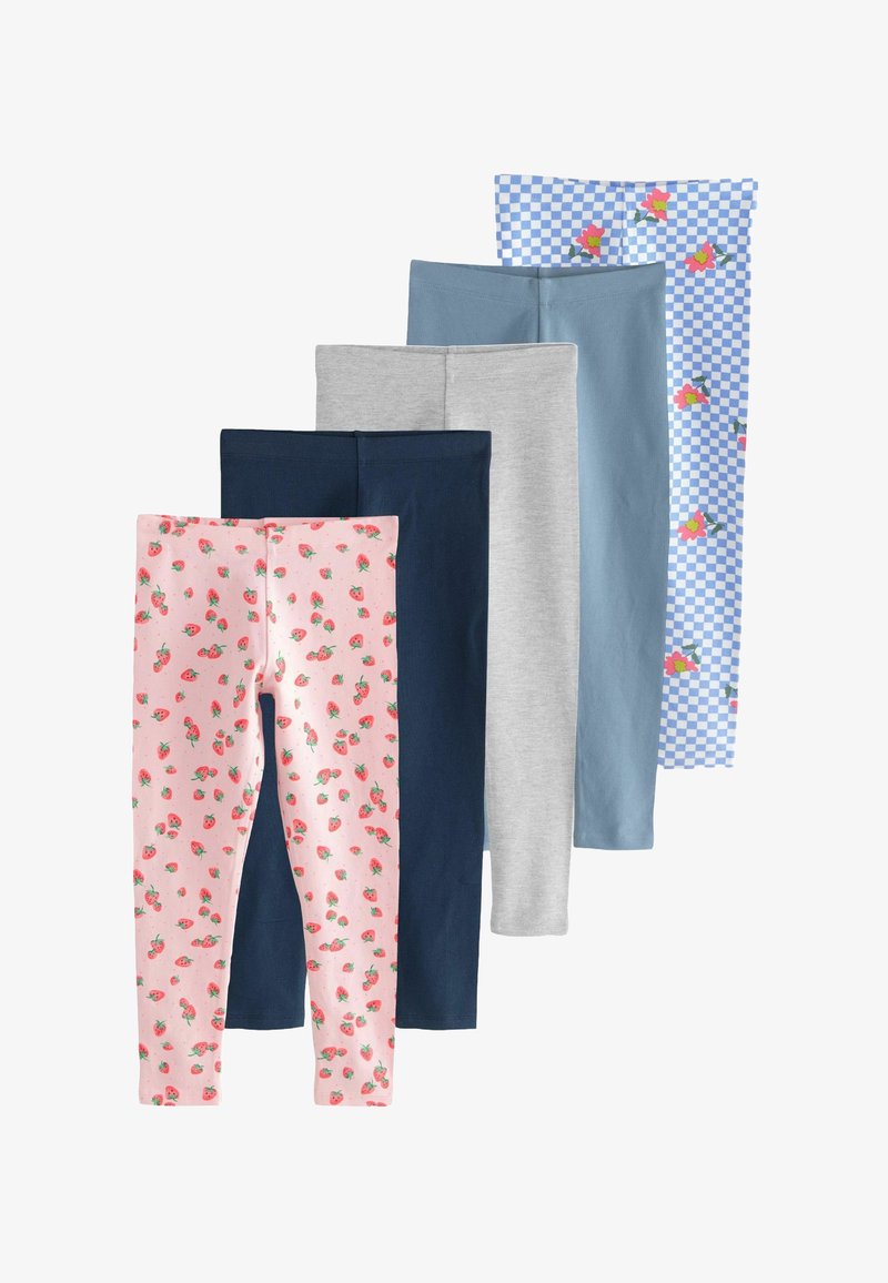 Five pairs of folded leggings in pink with strawberry print, navy blue, gray, light blue, and blue checkered with flower print.