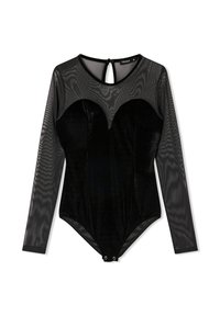 Body nero con un corpo in velluto e maniche lunghe in rete trasparente, scollatura a forma di cuore e chiusura a pressione sul fondo.