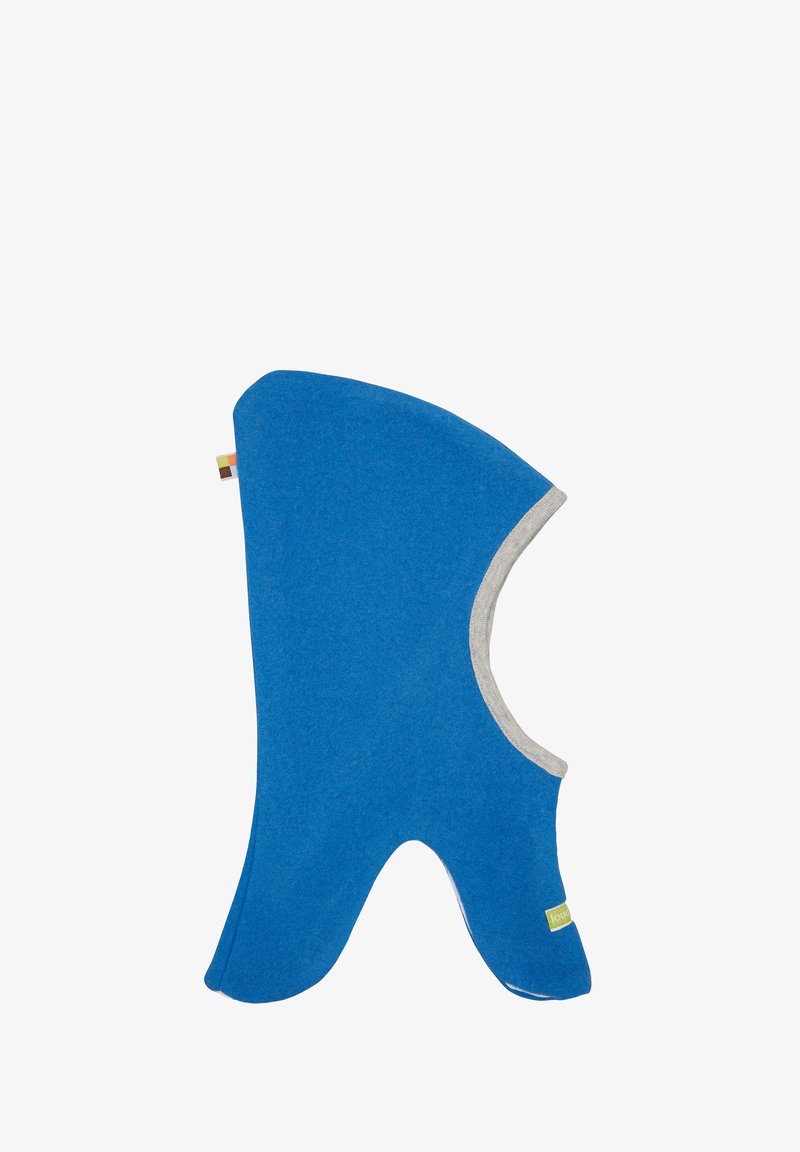 Blaue Fleece-Balaclava mit weichem grauem Rand, in einer einzigartigen Form mit Ausschnitten für Gesicht und Hals und einem kleinen Markenlabel an der Seite.