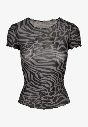 Top transparent negru și gri cu un model de zebre, mâneci scurte, guler rotund și margini ușor ondulate. Textură ondulată.