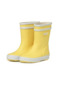 Gelbe Gummiregenstiefel mit weißen Akzenten, die eine glatte Oberfläche und ein rundes Zehendesign aufweisen und ideal für nasses Wetter sind.