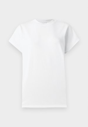 Rett hvit T-skjorte med korte ermer og rund hals, vist forfra mot en nøytral bakgrunn.