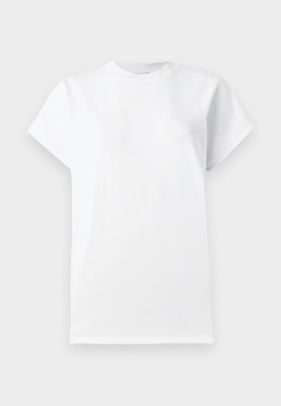 Απλό λευκό κοντομάνικο t-shirt με στρογγυλή λαιμόκοψη, εμφανίζεται από μπροστά σε ουδέτερο φόντο.