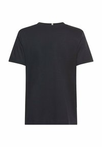 Zwarte katoenen t-shirt met een ronde hals, korte mouwen en een rechte zoom. Geen zichtbare patronen of accenten aan de achterkant.