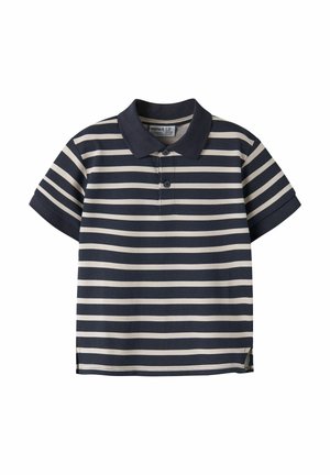 Polo à manches courtes rayé bleu marine et blanc avec une patte de boutonnage à deux boutons et un col bleu marine, taille enfant indiquée sur l'étiquette.