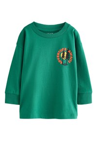 Felpa verde a maniche lunghe con polsini e scollo a costine. Presenta una grafica circolare in arancione, giallo e nero che rappresenta alberi e testo.