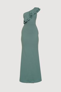 Asymmetrical, one-shoulder dress in a muted teal fabric, featuring a ruffled detail along the neckline and a fitted silhouette.