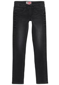 Jeans en denim noir avec une coupe slim, un design à cinq poches et des coutures visibles. Présente une texture lisse et une finition légèrement décolorée.