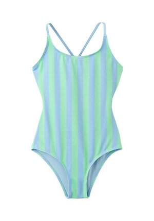 Enodelne kopalke z navpičnimi modrimi in zelenimi črtami ter tankimi križastimi naramnicami.